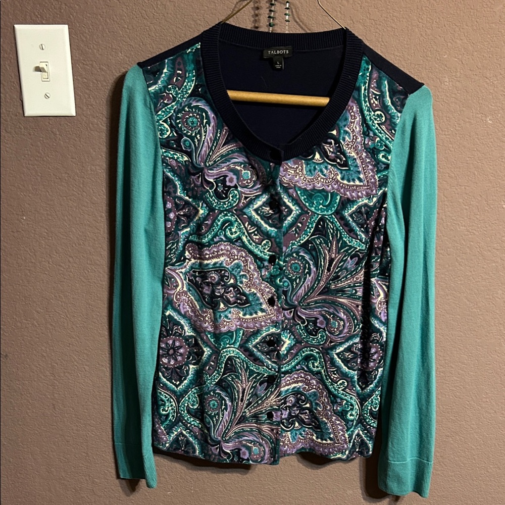Talbots Teal and Purple Paisley cardigan